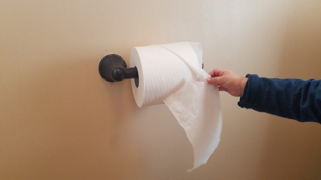 Toddler hand reaching for toilet paper.